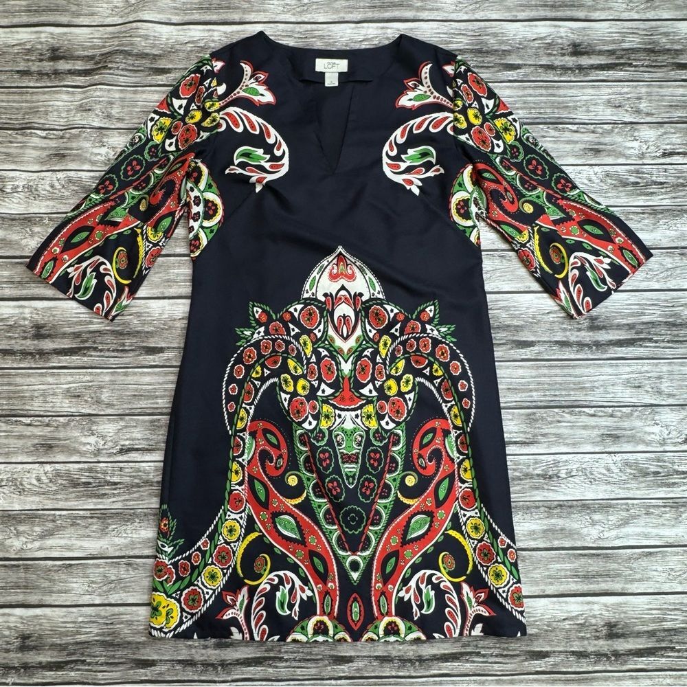 Women's LOFT Size 0 Navy Paisley Shift Mini Dress 3/4 Sleeve Navy